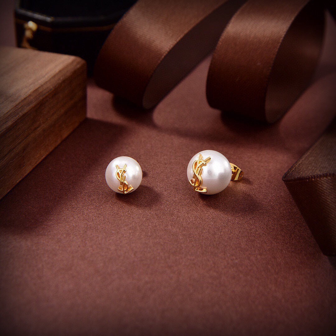 18K Saint Laurent YSL Pearl Earrings