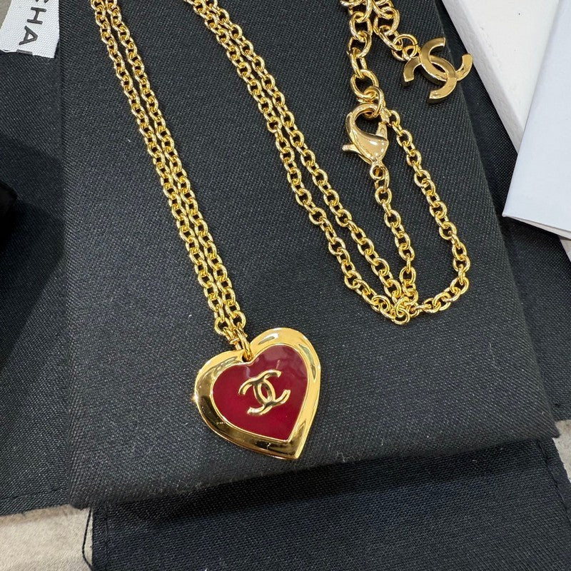18K Chanel Black & Red Heart Gold Necklace