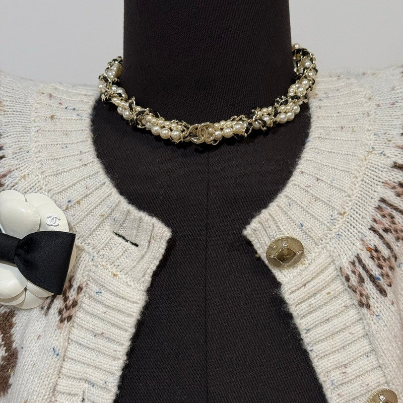 18K Chanel Pearl Leather Choker Necklace