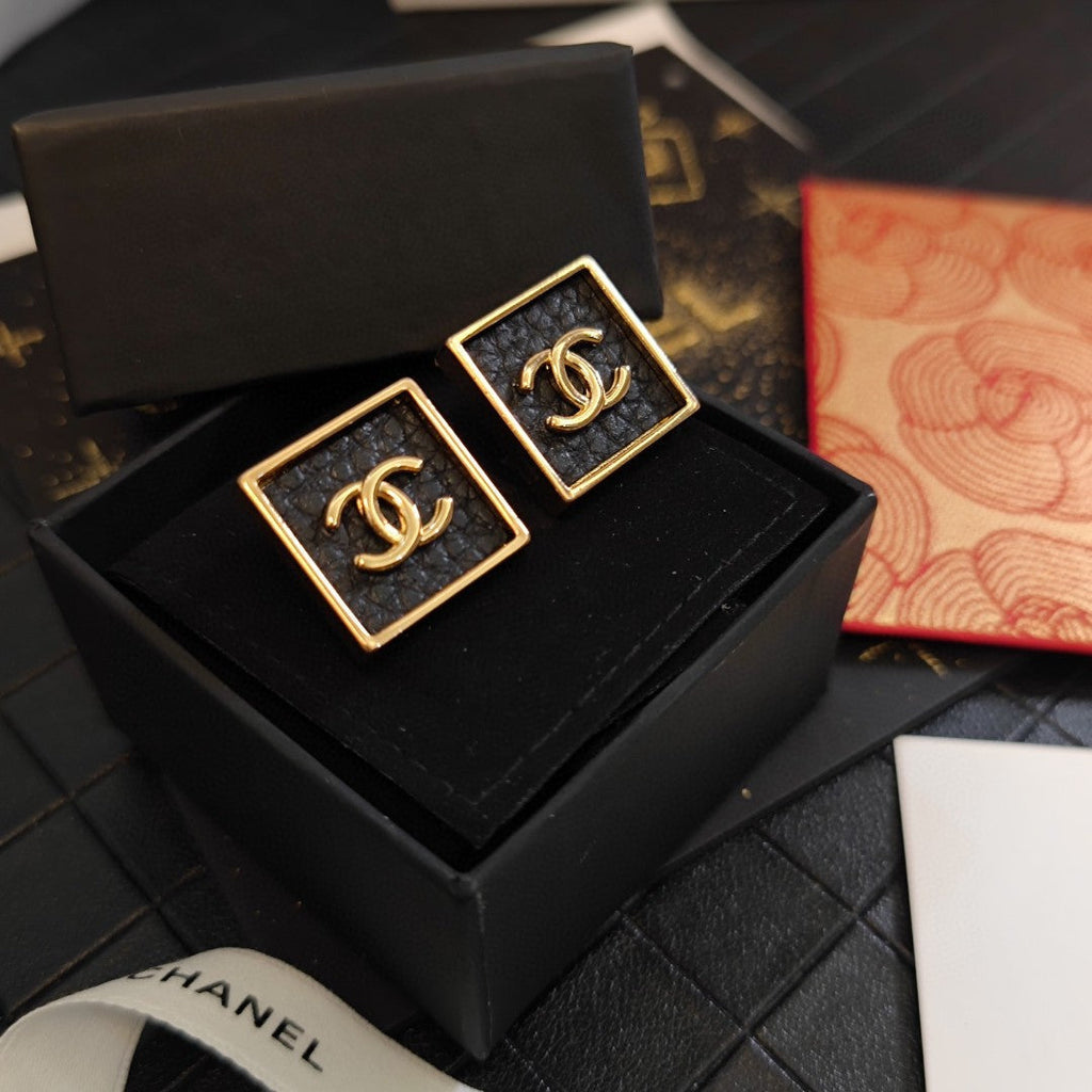 18K Chanel Black Square Earrings
