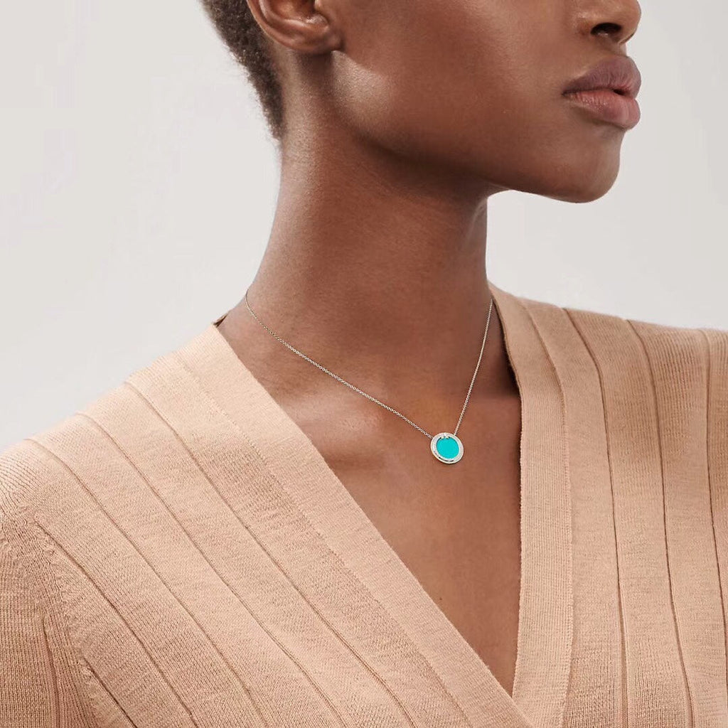 18K Tiffany & Co. Diamond & Turquoise Circle Pendant Necklace
