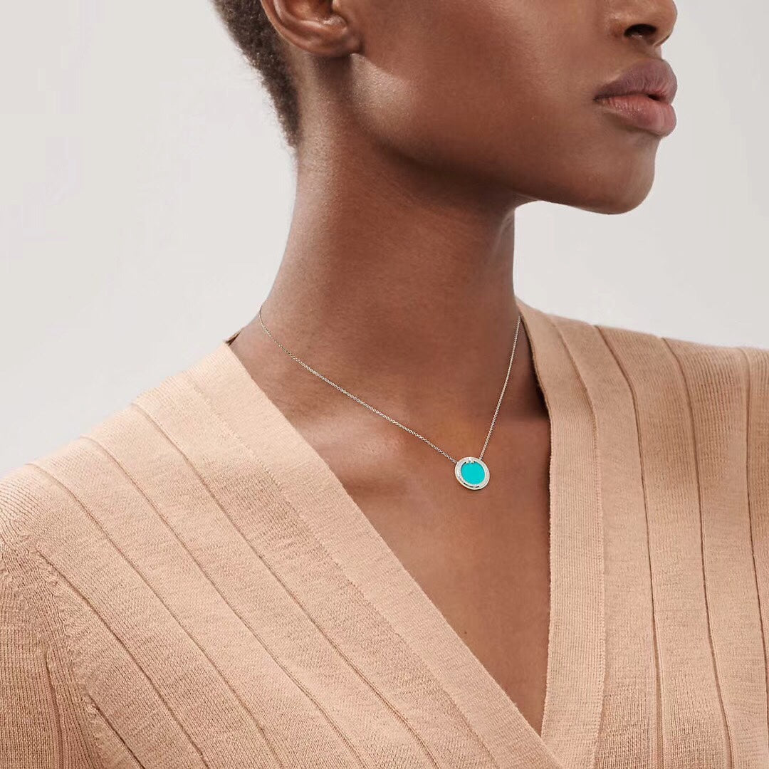 18K Tiffany & Co. Diamond & Turquoise Circle Pendant Necklace