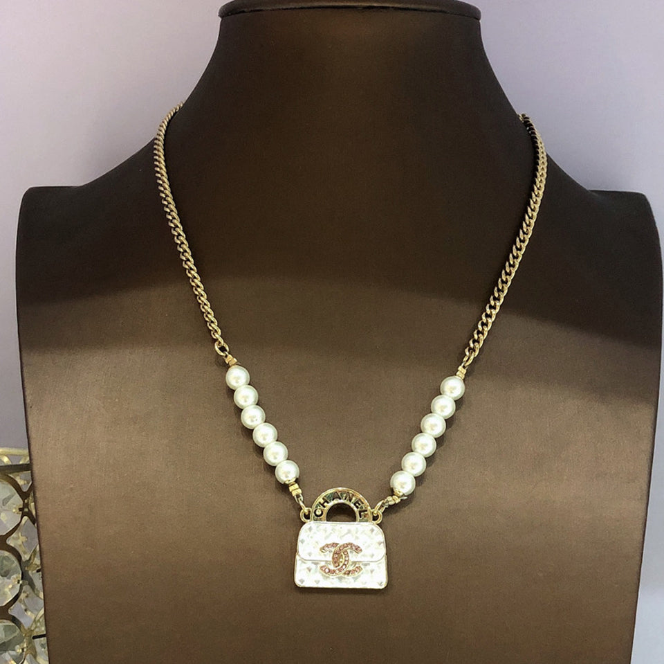 18K Chanel Pearls Bag Pendant Necklace