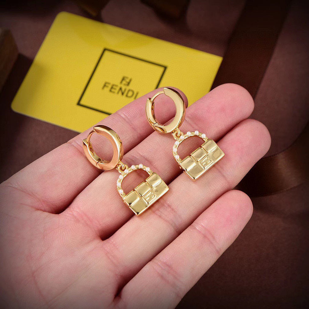 18K Fendi Bag Pendant Pearls Earrings