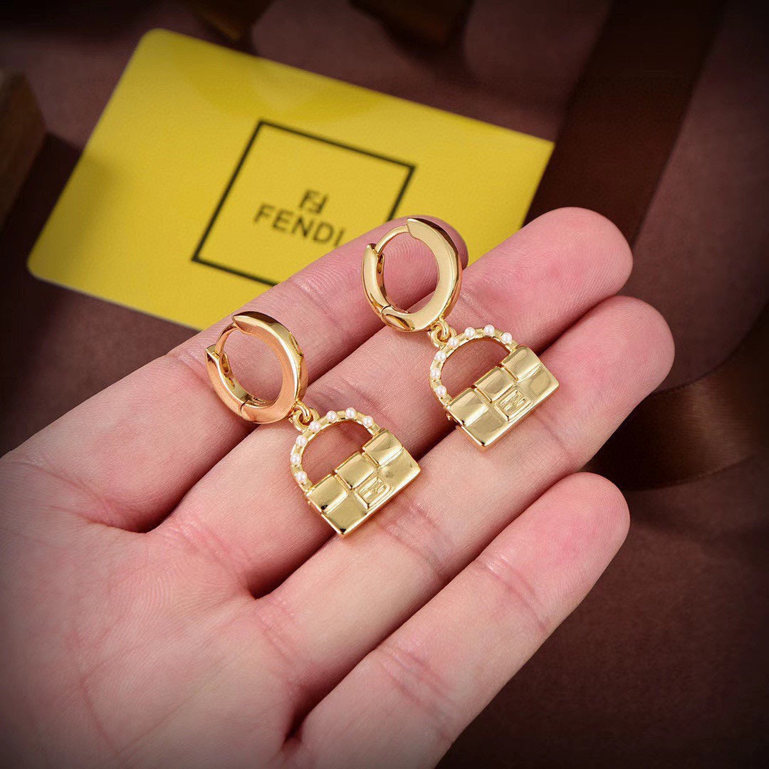 18K Fendi Bag Pendant Pearls Earrings