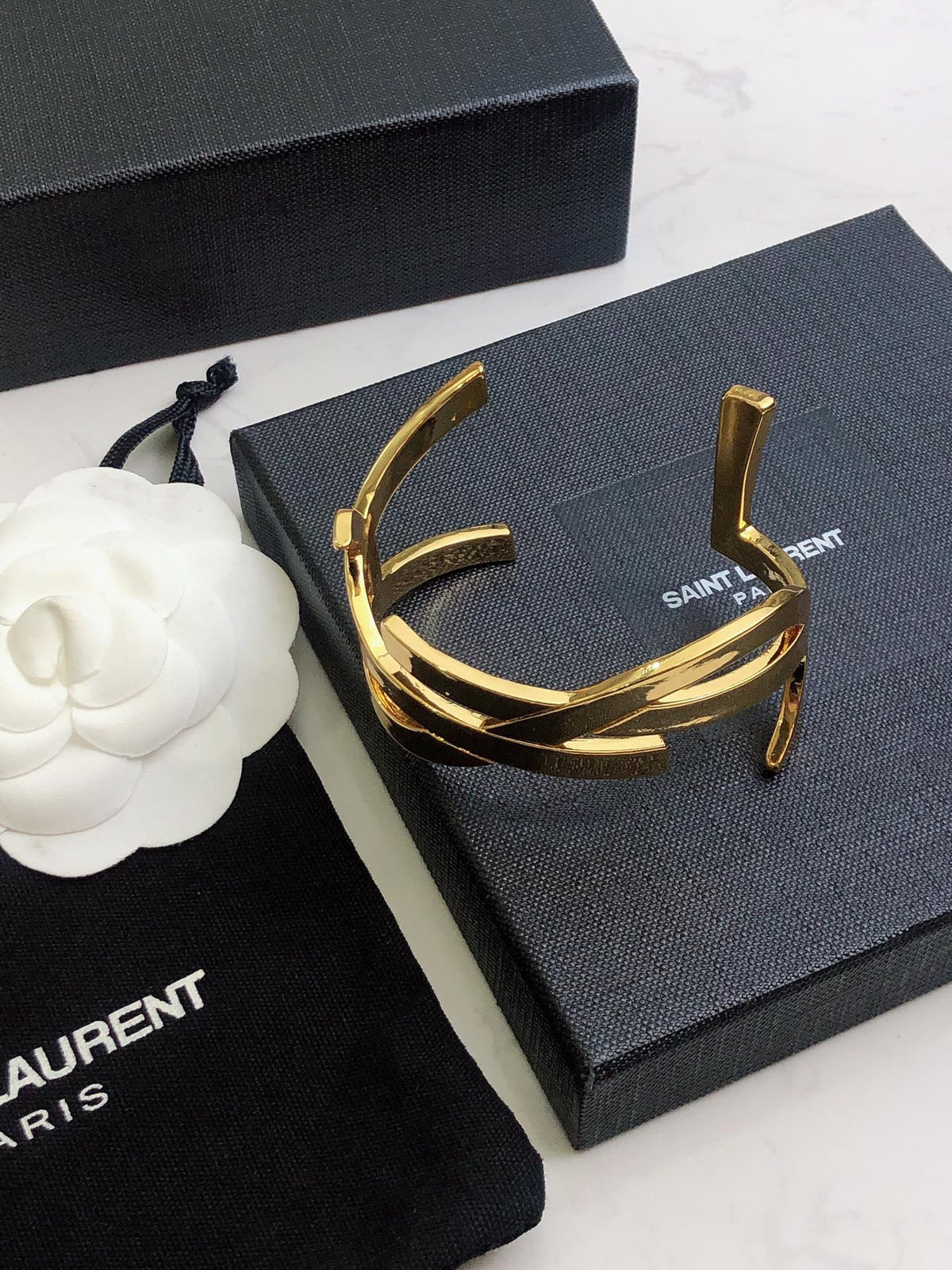 18K Saint Laurent YSL Monogram Cuff Bracelet