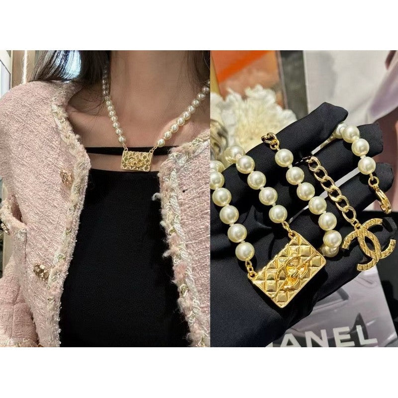 18K Chanel Pearl Bag Pendant Necklace