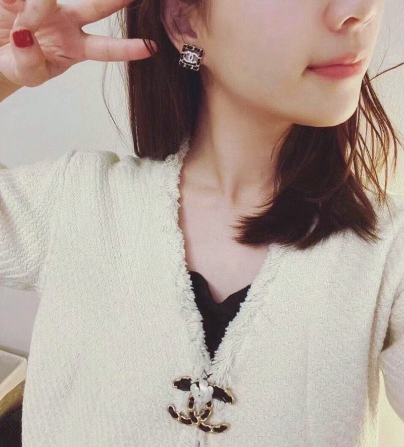 18K Chanel Square Leather Earrings