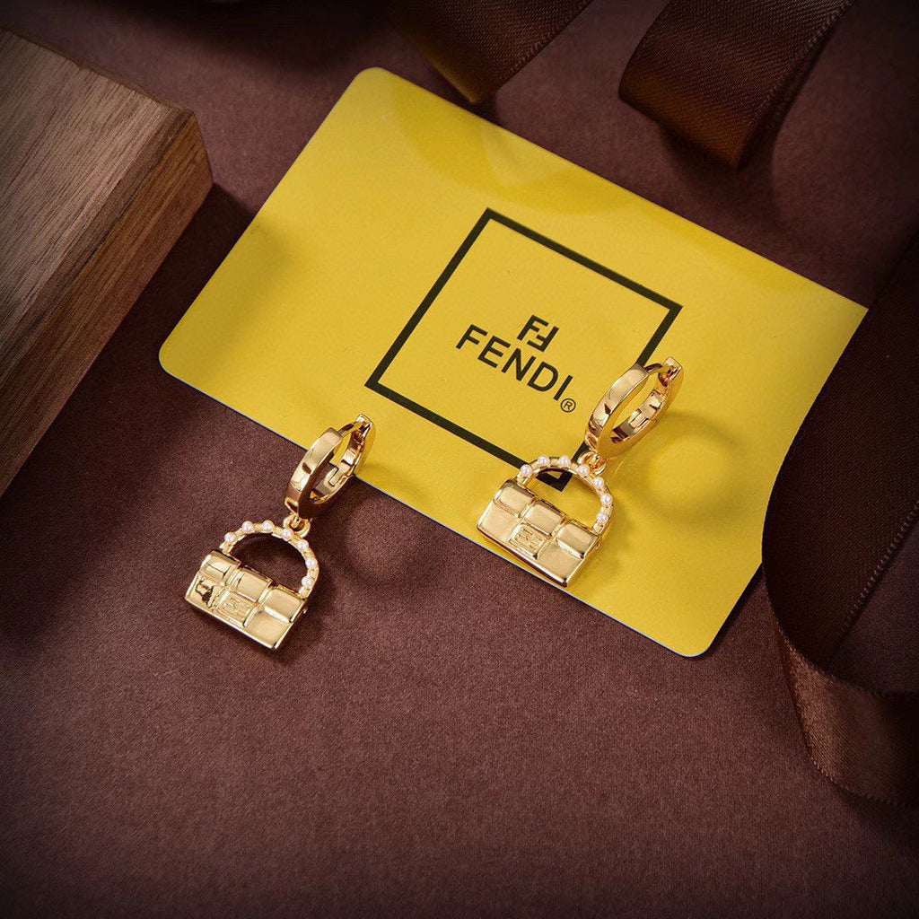 18K Fendi Bag Pendant Pearls Earrings