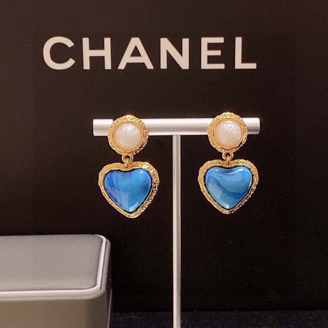 18K Chanel Blue Heart Pearl Earrings
