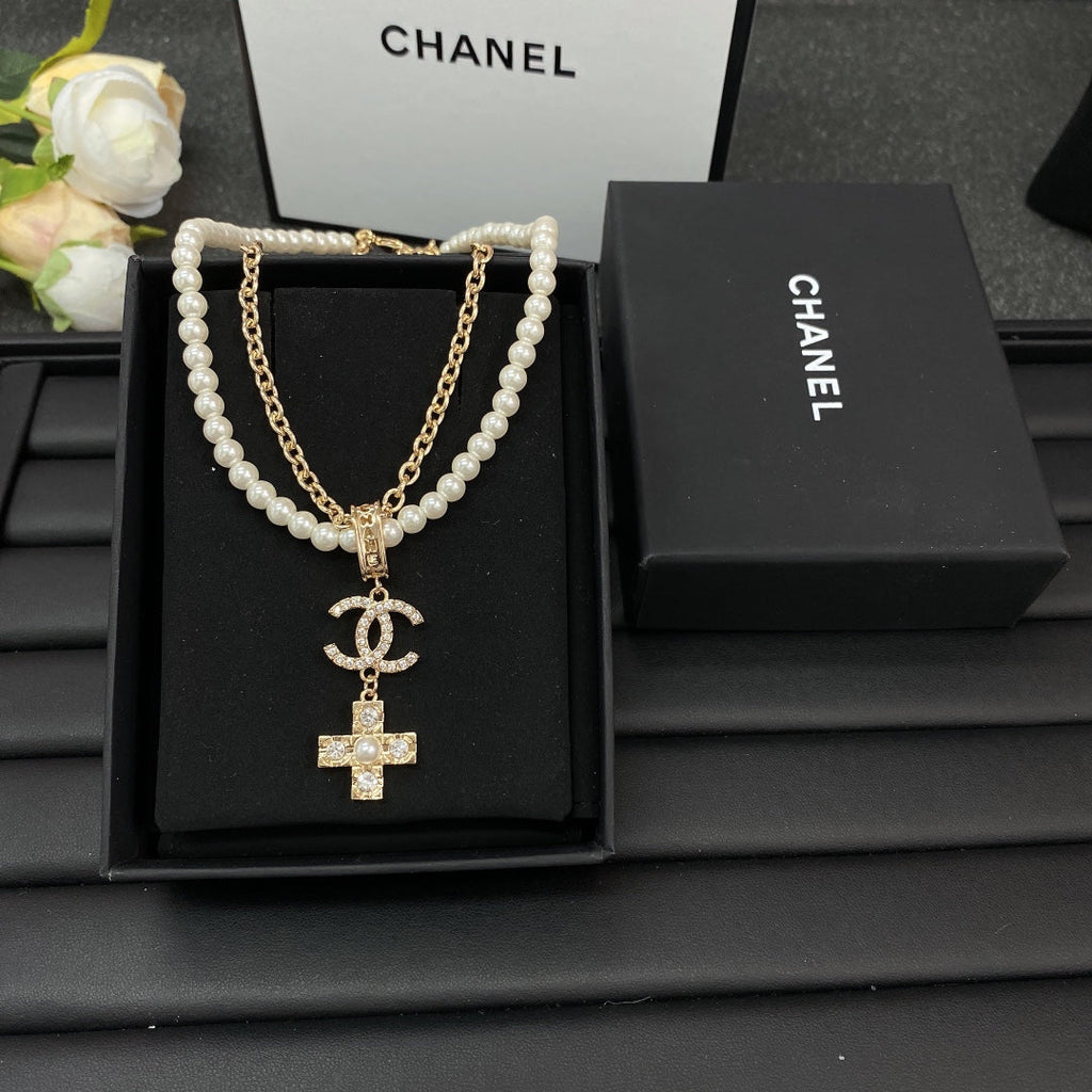 18K Chanel Cross Diamond Pearl Chain Necklace