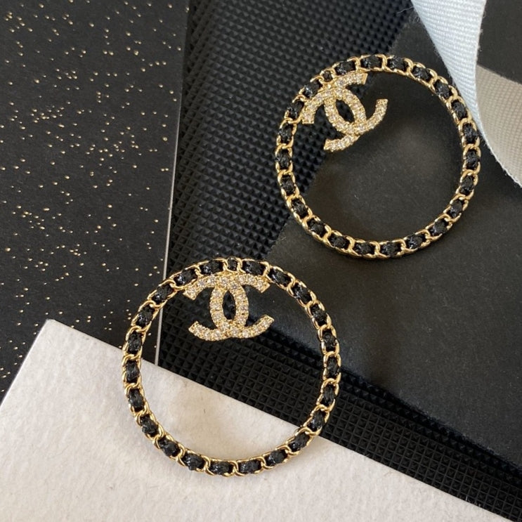 18K Chanel Black Leather Circle Earrings