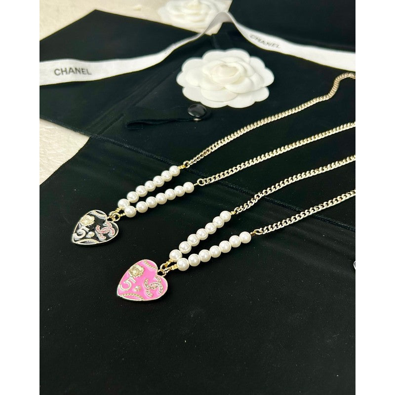18K Chanel Pink & Black Heart Pearl Necklace