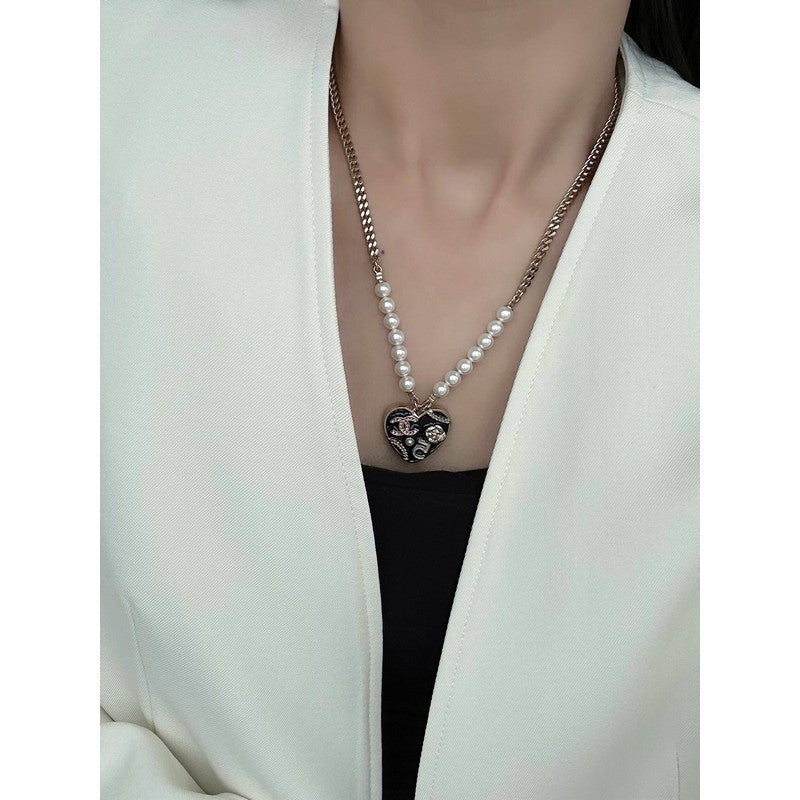 18K Chanel Pink & Black Heart Pearl Necklace