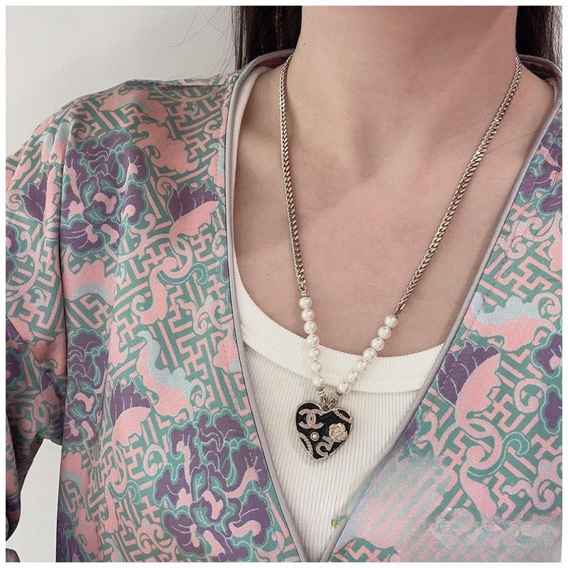 18K Chanel Pink & Black Heart Pearl Necklace